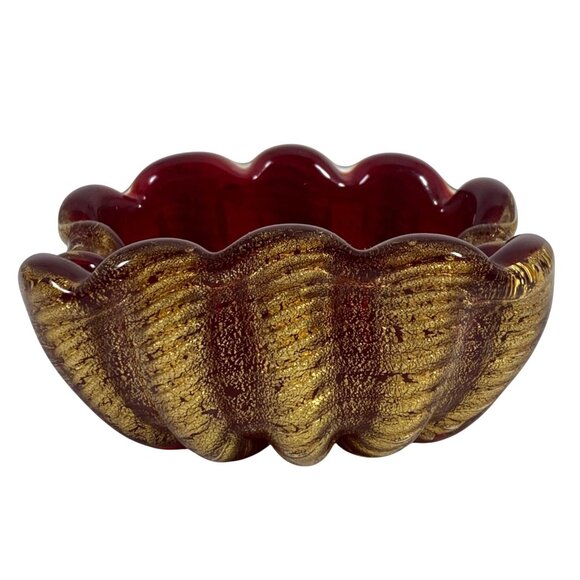 Vintage Deep Red Gold Flecks Inlay Art Glass Mid Century Bowl Trinket Dish - Picture 7 of 13